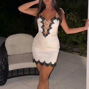 MISS CIRCLE - Gamila Beige Satin Lace Trim Mini Dress